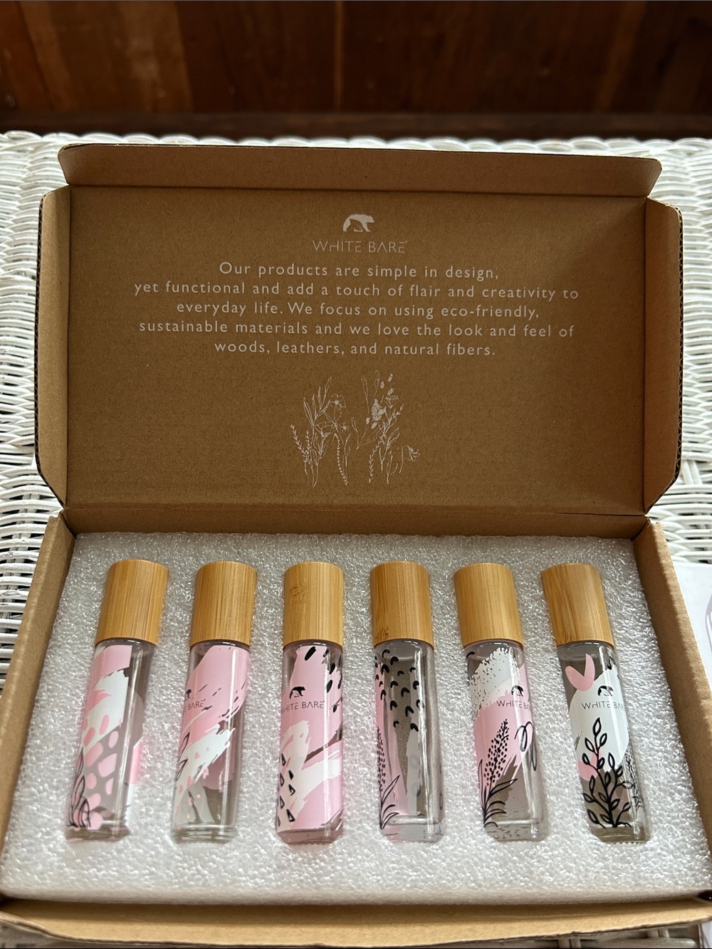 White Bare Essential Oil Roll on Set. Glass Bottles and Bamboo Caps